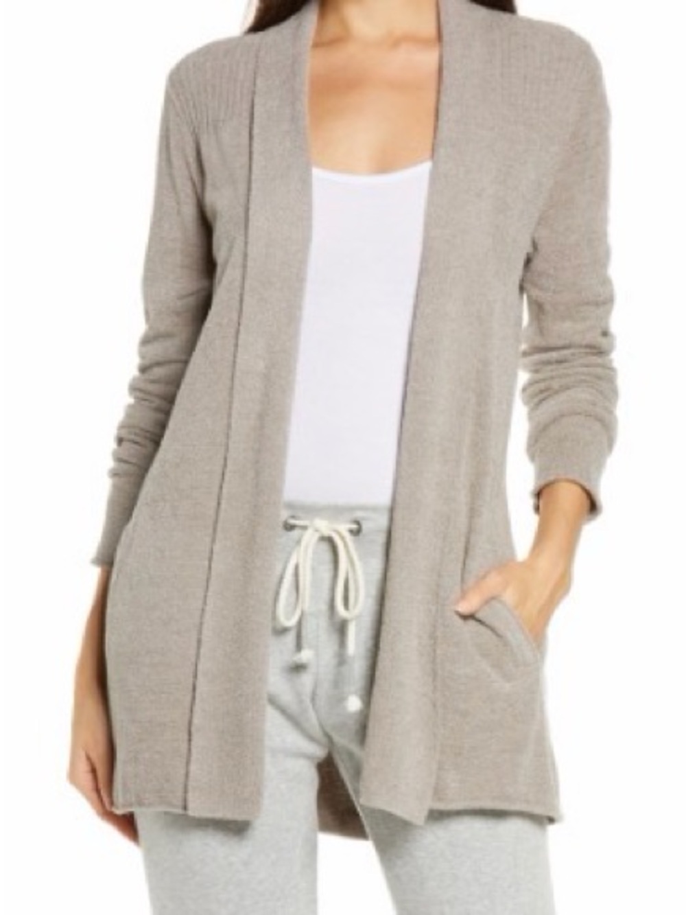 Barefoot Dreams CozyChic Light Taupe Open-Front Women's Cardigan Sweater